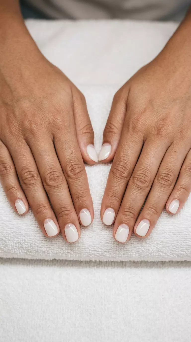 Short round summer nails 2026: Milky white with a soft sheer white crescent at the cuticle for a minimalist look.