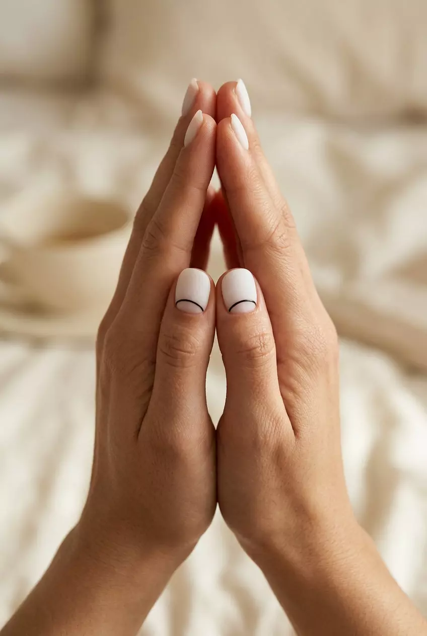 Short round summer nails 2026 with milky white and minimalist black lines for a chic, sophisticated look.