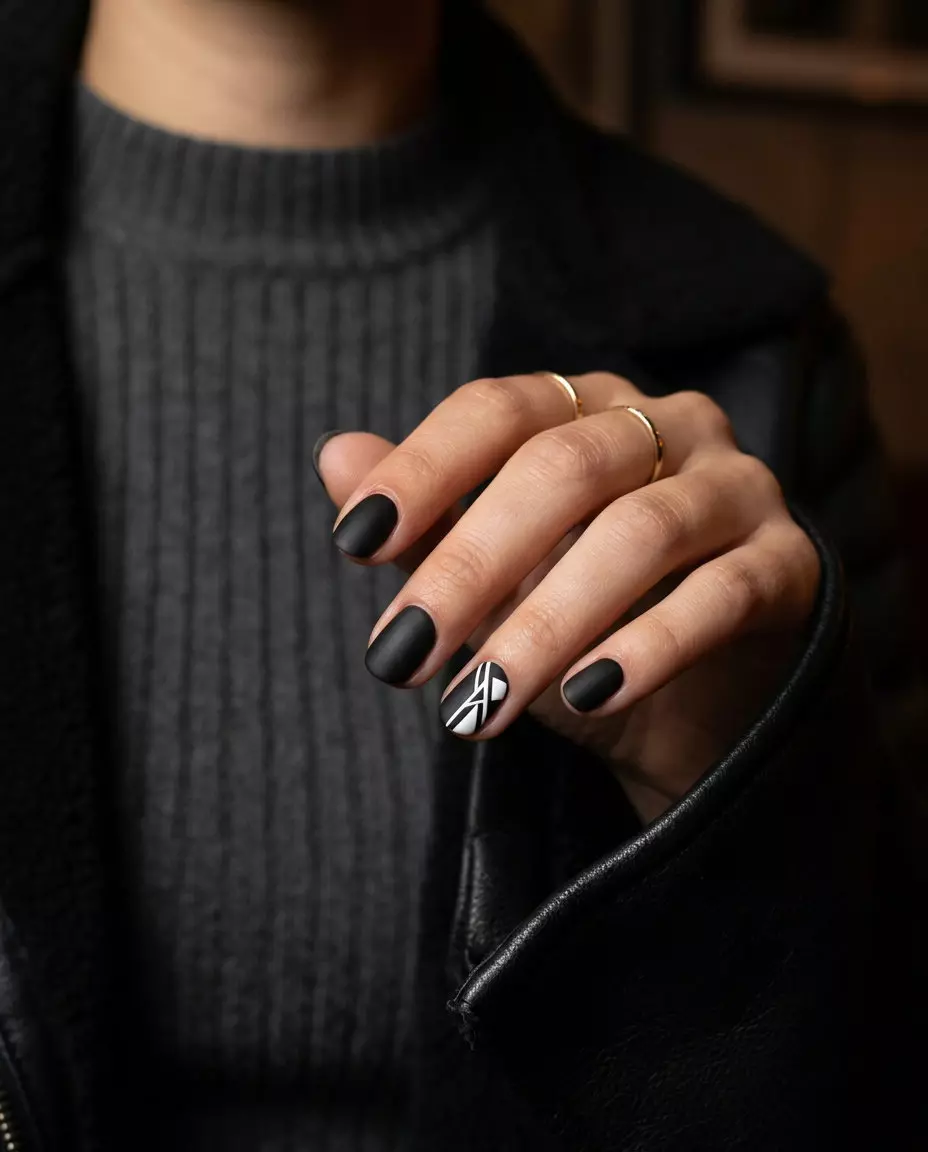 Short round summer nails 2026: Matte black with crisp white geometric accents for an edgy, sophisticated look.