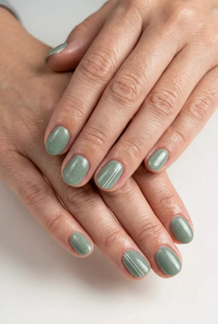 Short round summer nails 2026: Muted Green Shimmer Lines for minimalist work style. Serene and calm everyday look.