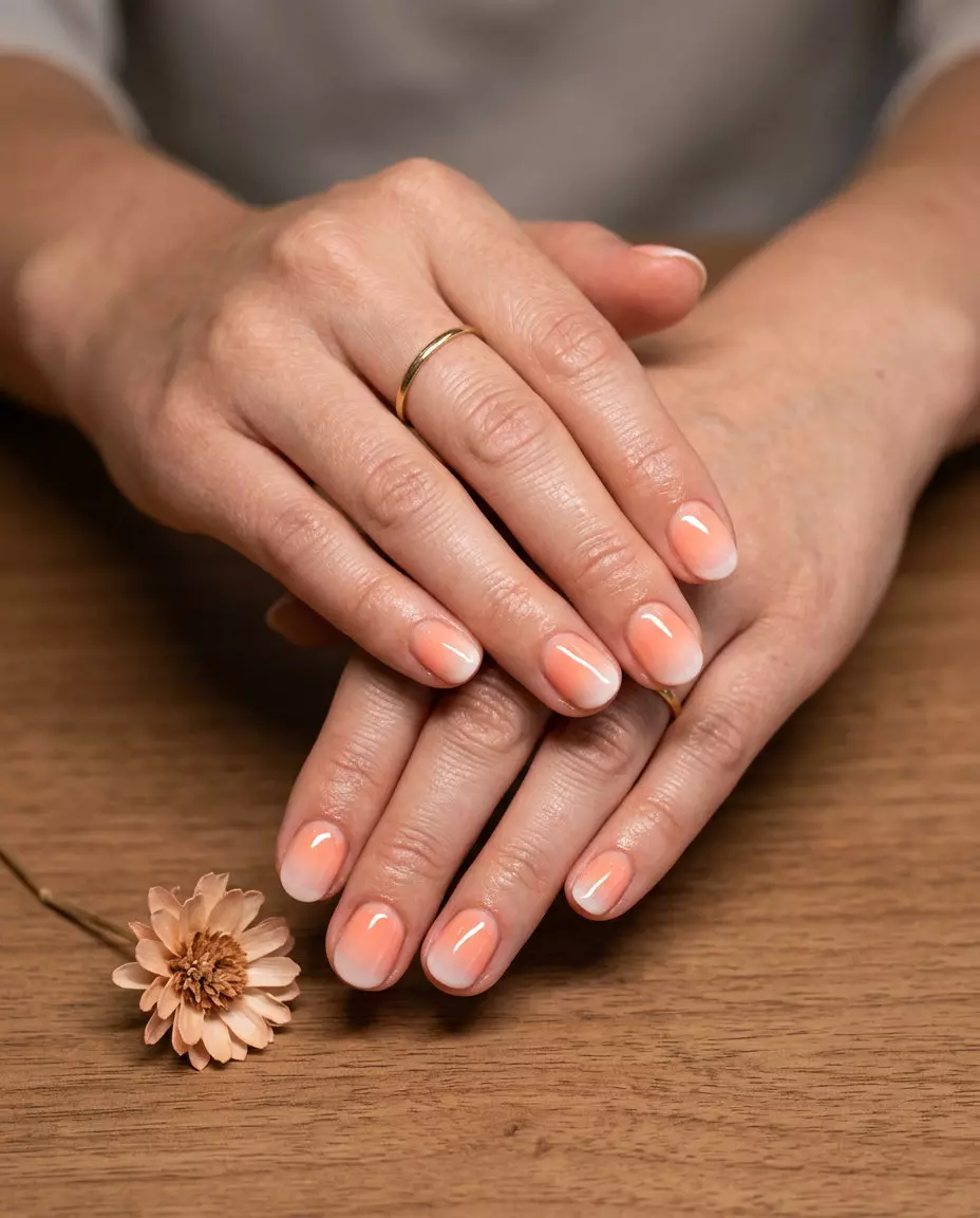 Short round summer nails 2026 with a peach coral aura gradient French tip for a sun-kissed vacation vibe.