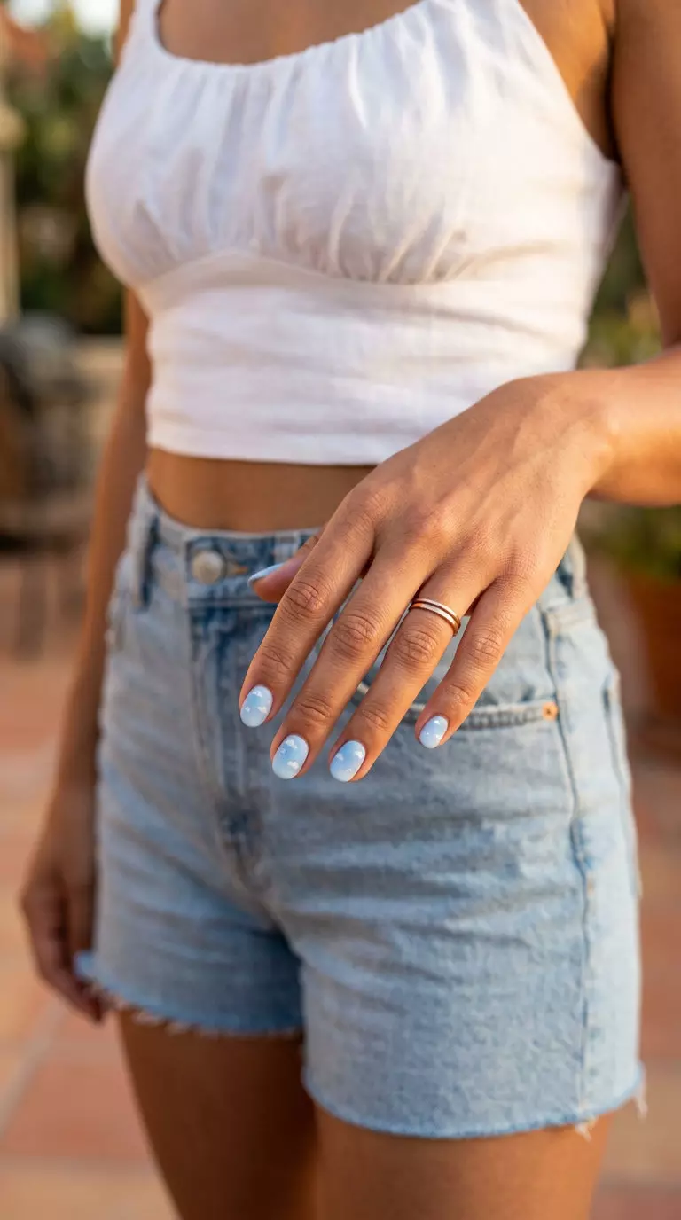 Short round summer nails 2026: Soft sky blue with white dots and a dreamy satin matte finish.