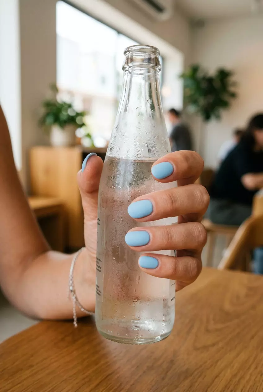 Short round summer nails 2026 in sky blue with a velvet matte finish for a calm, sophisticated look.