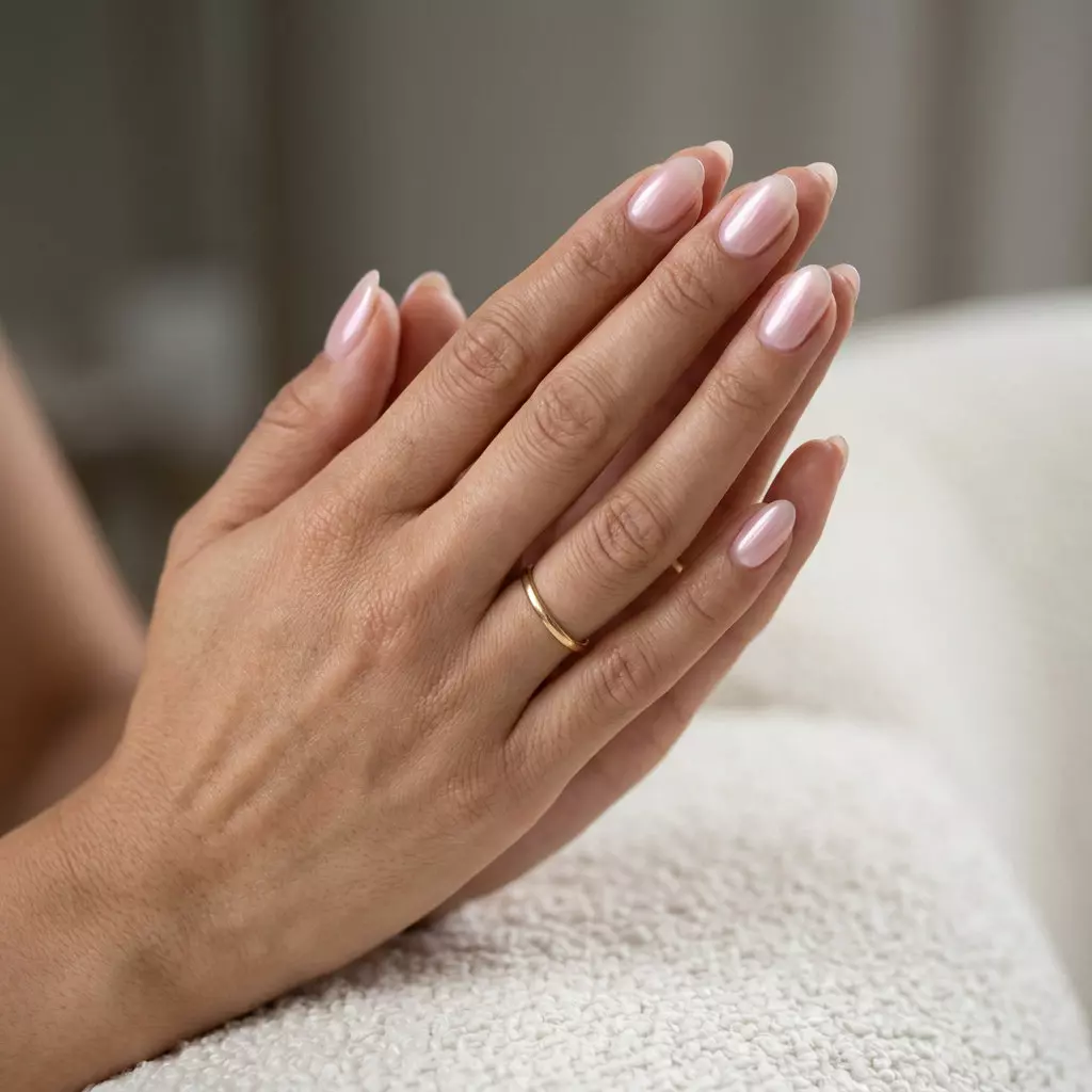 Short round summer nails 2026: Soft pink glazed donut effect with a pearl iridescent shift for a dreamy look.