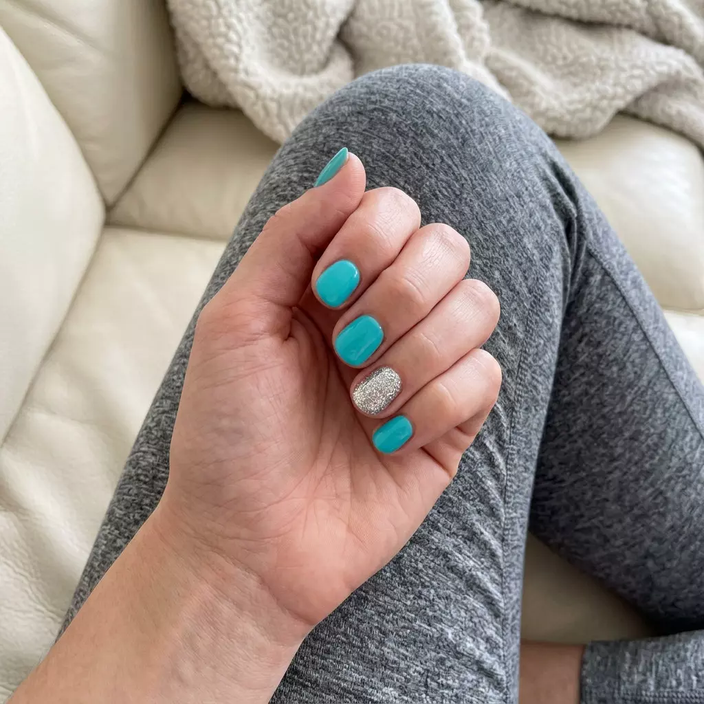 Short round summer nails 2026: Vibrant turquoise with a silver glitter accent nail for a playful, tropical look.