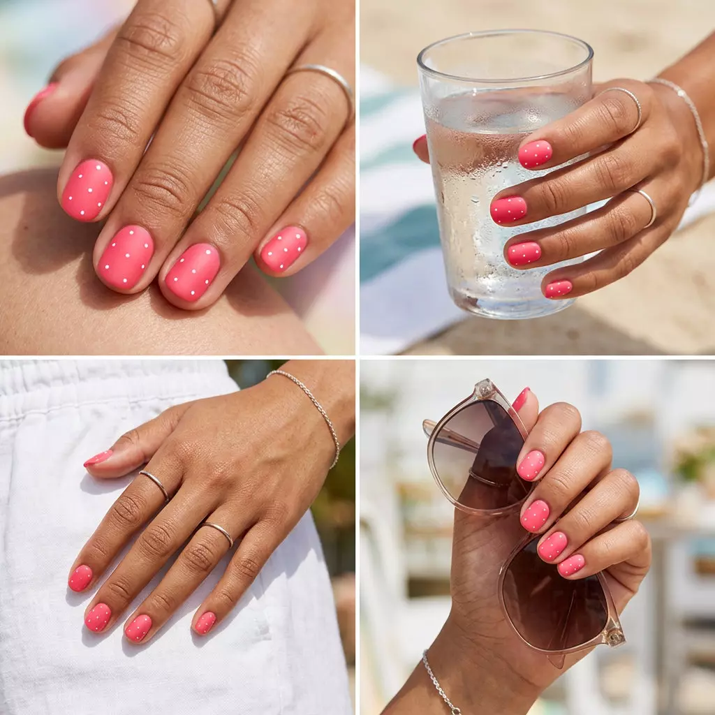 Short round summer nails 2026: Watermelon Pink Matte Polka Dots for playful casual wear. Fun and whimsical festival style.