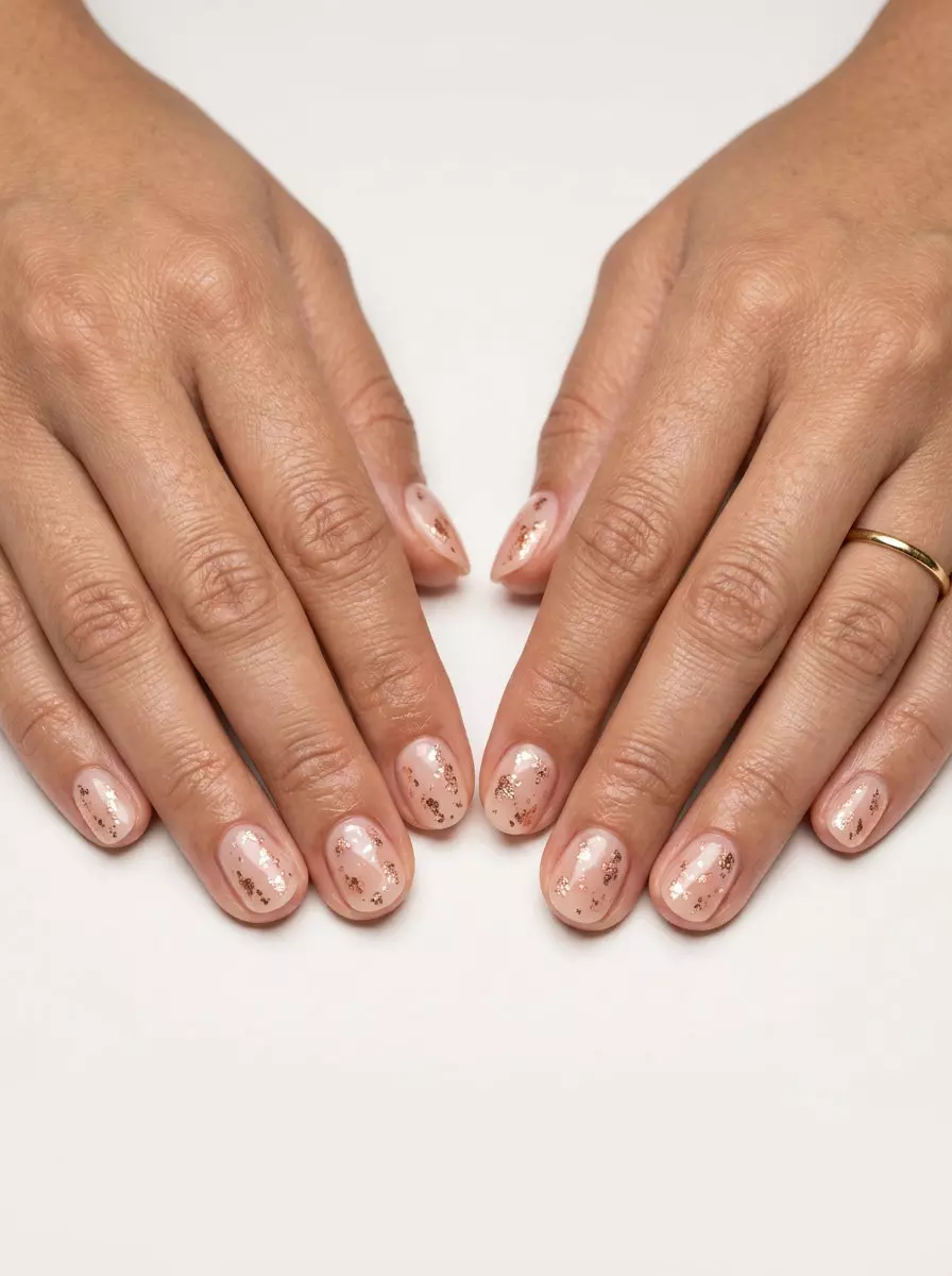 Short round summer nails 2026: Gilded Rose Foil Flakes for glamorous date night. Elegant and chic cocktail party style.