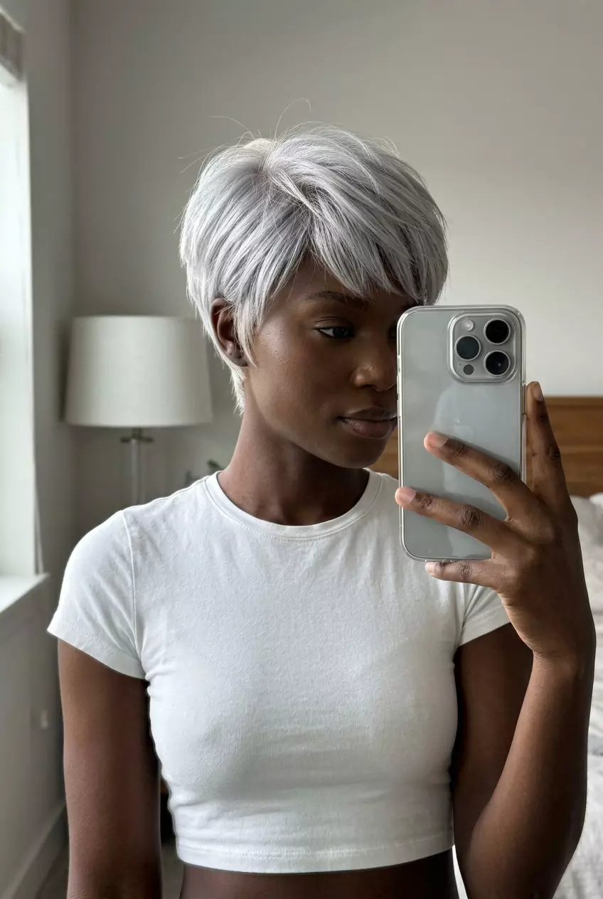 short layered pixie haircut in cool silver platinum with textured layers and swept fringe for sophisticated look