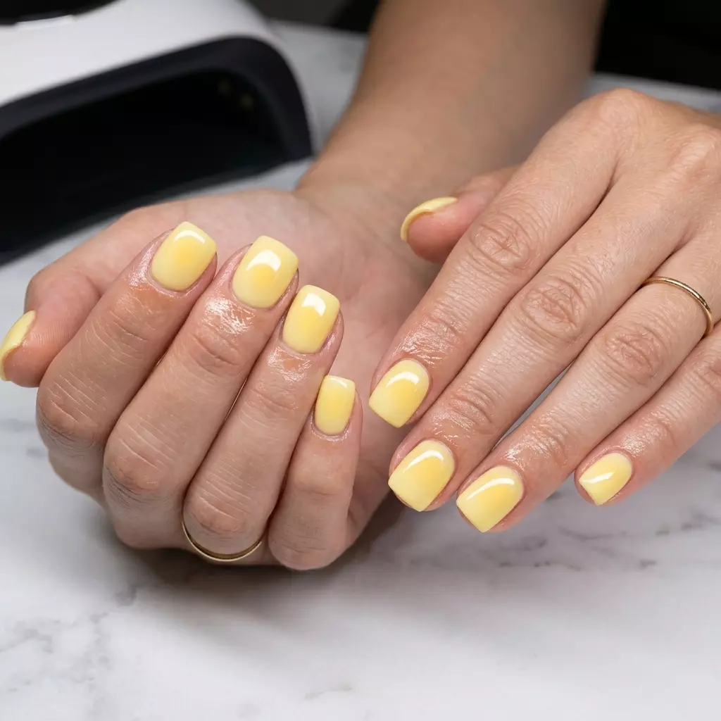 Butter Yellow Aura Nails 2026 | Sunny Effortless Look Butter yellow aura effect on short natural square nails for simple short summer nails 2026. Sunny and effortless.