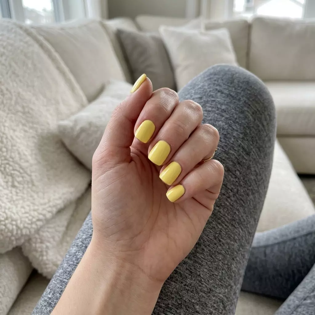 Butter Yellow Glossy Nails 2026 | Summer Vacation Style Opaque butter yellow short squoval nails with glossy finish for simple short summer nails 2026. Perfect for vacation.