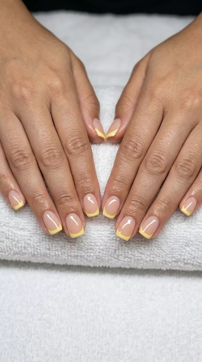Micro French Butter Yellow Nails 2026 | Casual Chic Playful butter yellow micro French tips on short squoval nails for simple short summer nails 2026. Casual chic.