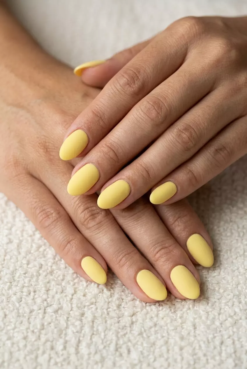 Velvet Matte Butter Yellow Nails 2026 | Whimsical Summer Butter yellow short almond nails with a velvet matte finish for simple short summer nails 2026. Whimsical style.