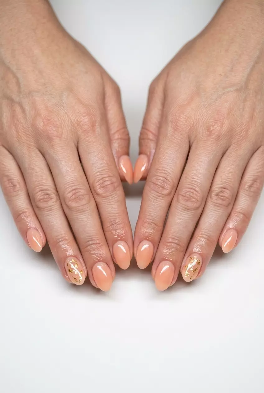 Glamorous Peach Nails 2026 Simple short summer nails 2026: Glamorous peach nails with gold foil accents for parties.