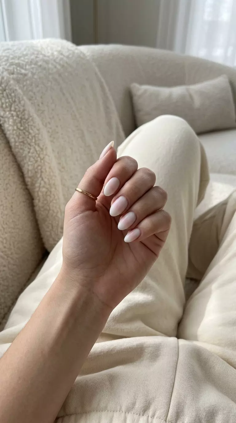 Milky White Aura Nails 2026 | Ethereal Matte Style Milky white aura gradient on short square nails with satin matte finish for simple short summer nails 2026.