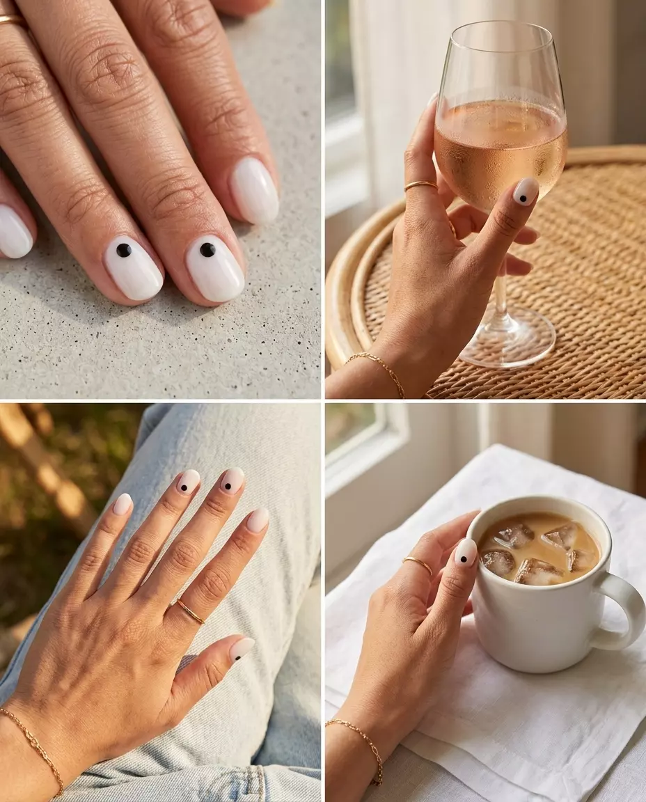 Chic Dot Accent Nails 2026 Simple short summer nails 2026: Chic minimalist white nails with a single black dot for daily work.