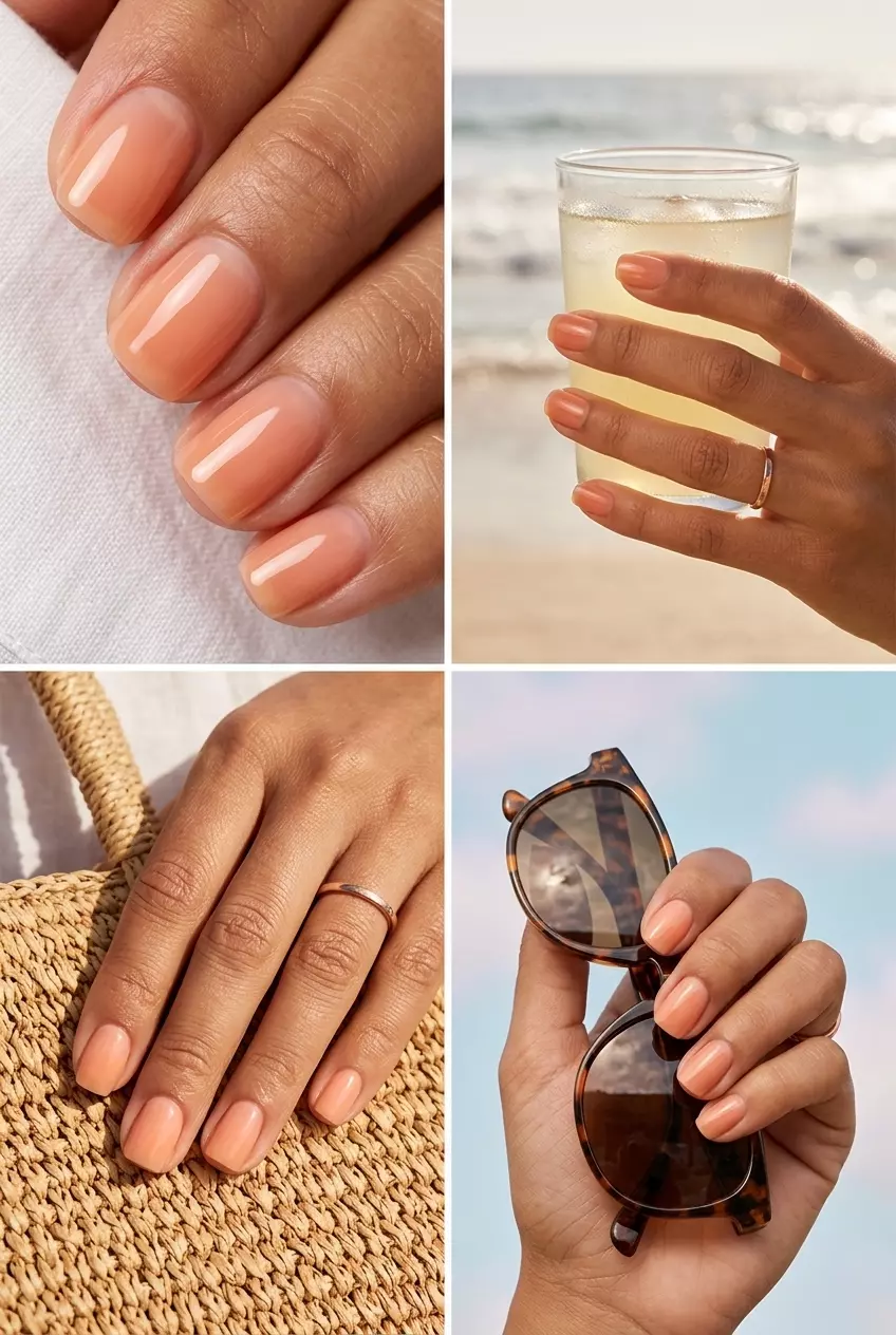 Juicy Peach Jelly Nails 2026 | Playful Summer Fun Juicy peach jelly short squoval nails with high-gloss finish for simple short summer nails 2026. Playful vacation vibe.