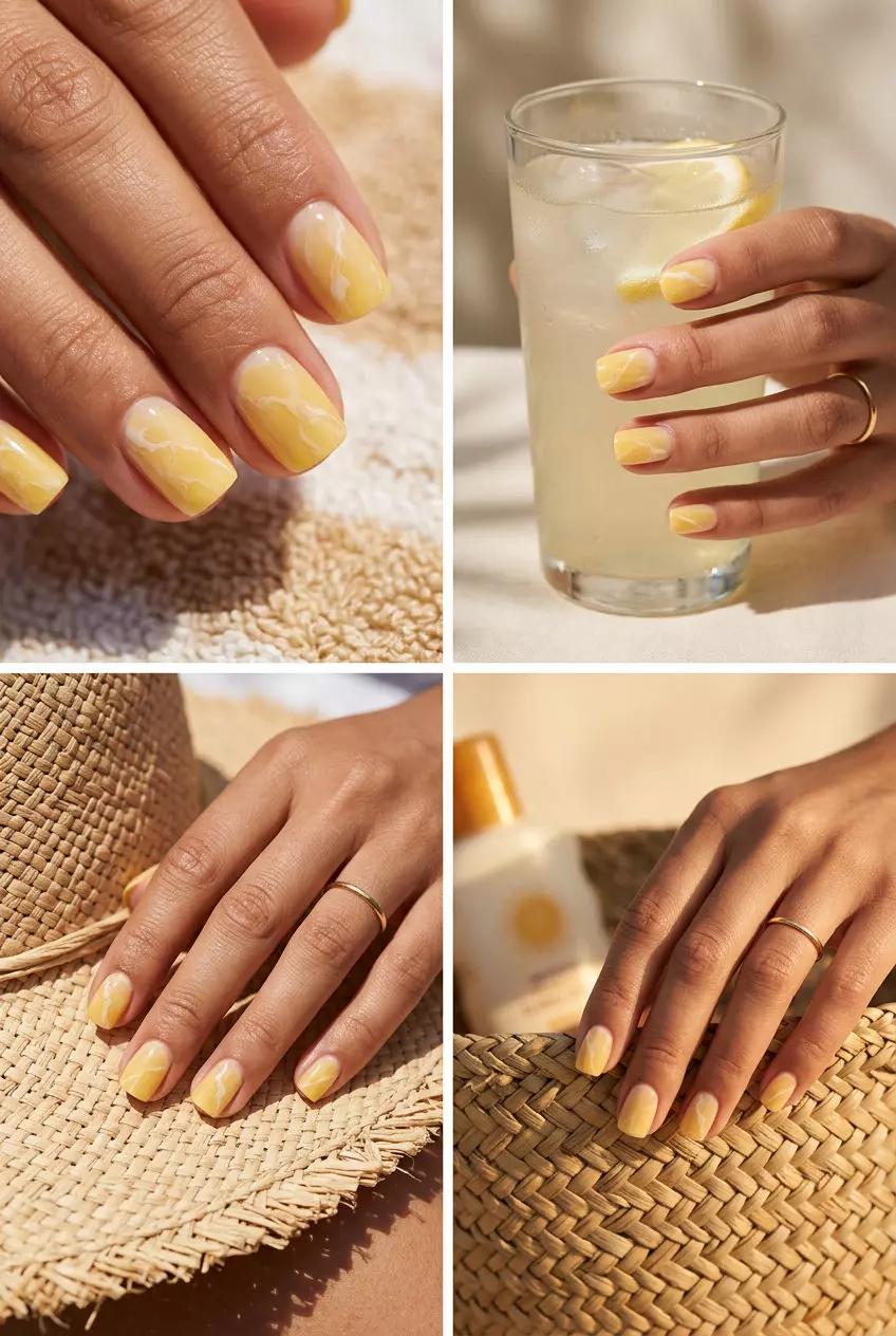 Citrus Marble Summer Almond Nails 2026 Playful citrus marble acrylic nails in yellow and white for simple summer acrylic nail designs 2026.