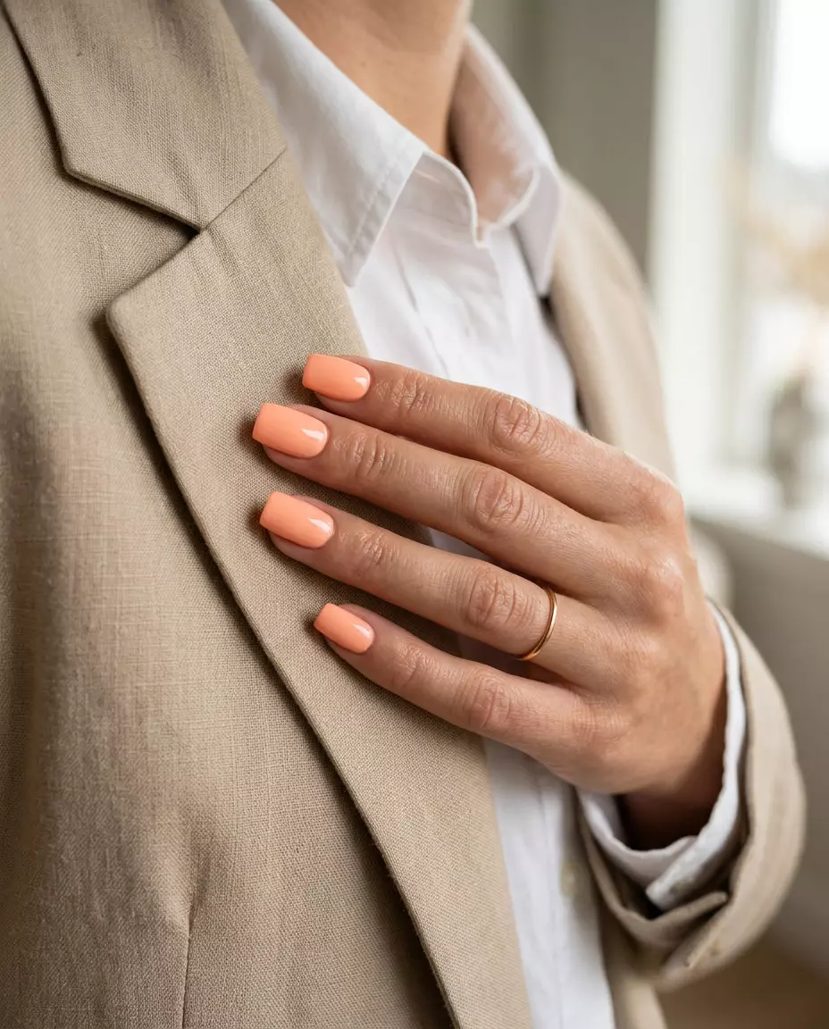 Juicy Peach Summer Square Nails 2026 Vibrant soft peach square acrylic nails for simple summer acrylic nail designs 2026.