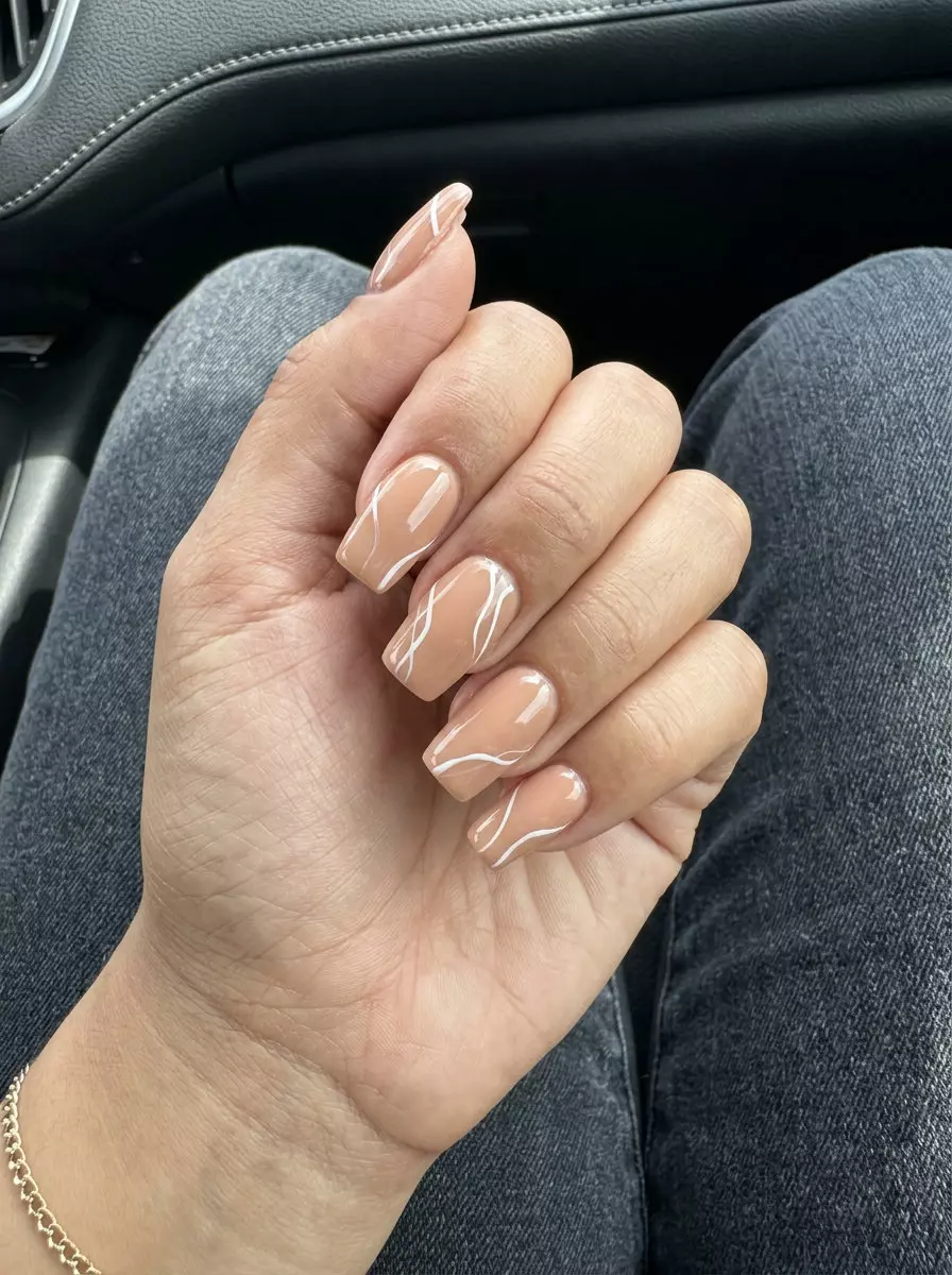 Modern Art Nude Abstract Nails 2026 Modern nude and white abstract line acrylic nails for simple summer acrylic nail designs 2026.