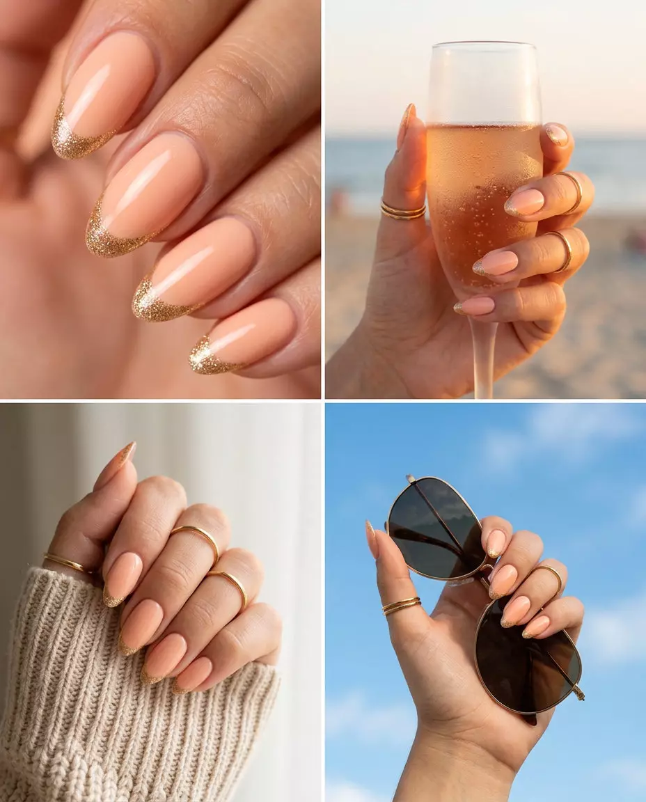 Sparkling Peach French Tip Nails 2026 Glamorous soft peach French tip acrylic nails with fine gold glitter for simple summer acrylic nail designs 2026.
