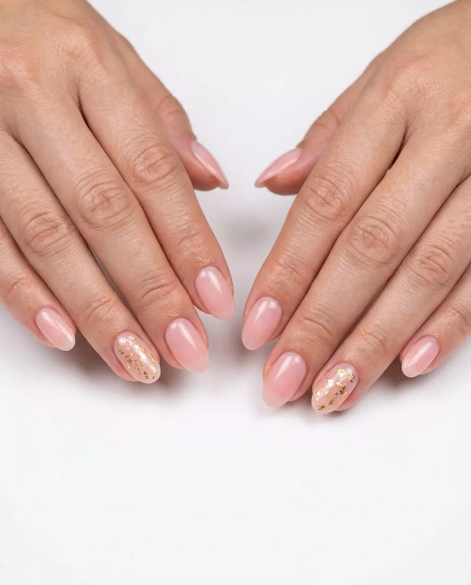 Golden Hour Peach Accent Nails 2026 Romantic soft peach acrylic nails with shimmering gold foil accents for simple summer acrylic nail designs 2026.