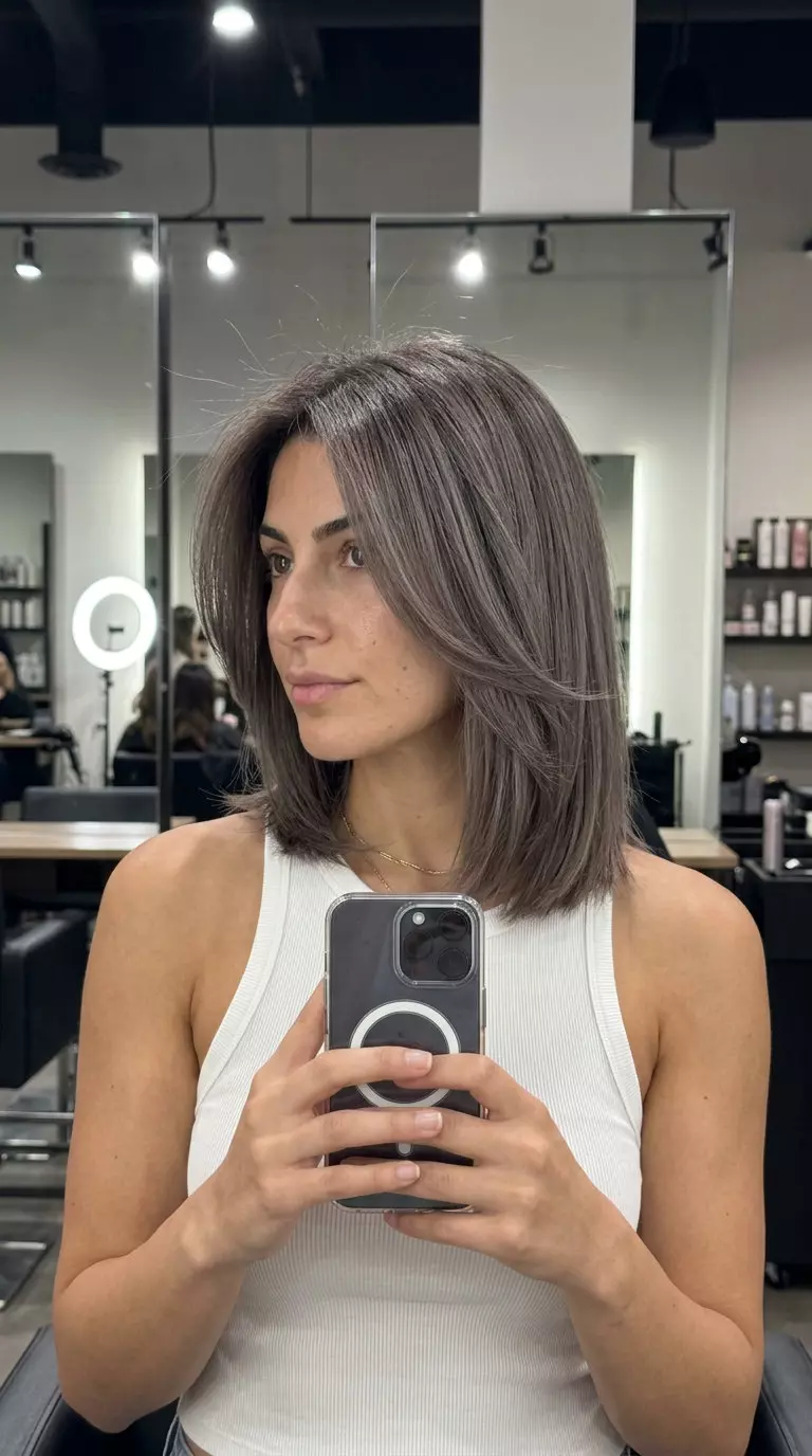 long smoked walnut shadow root with cool neutral brunette, no fringe &mdash; minimalist professional look