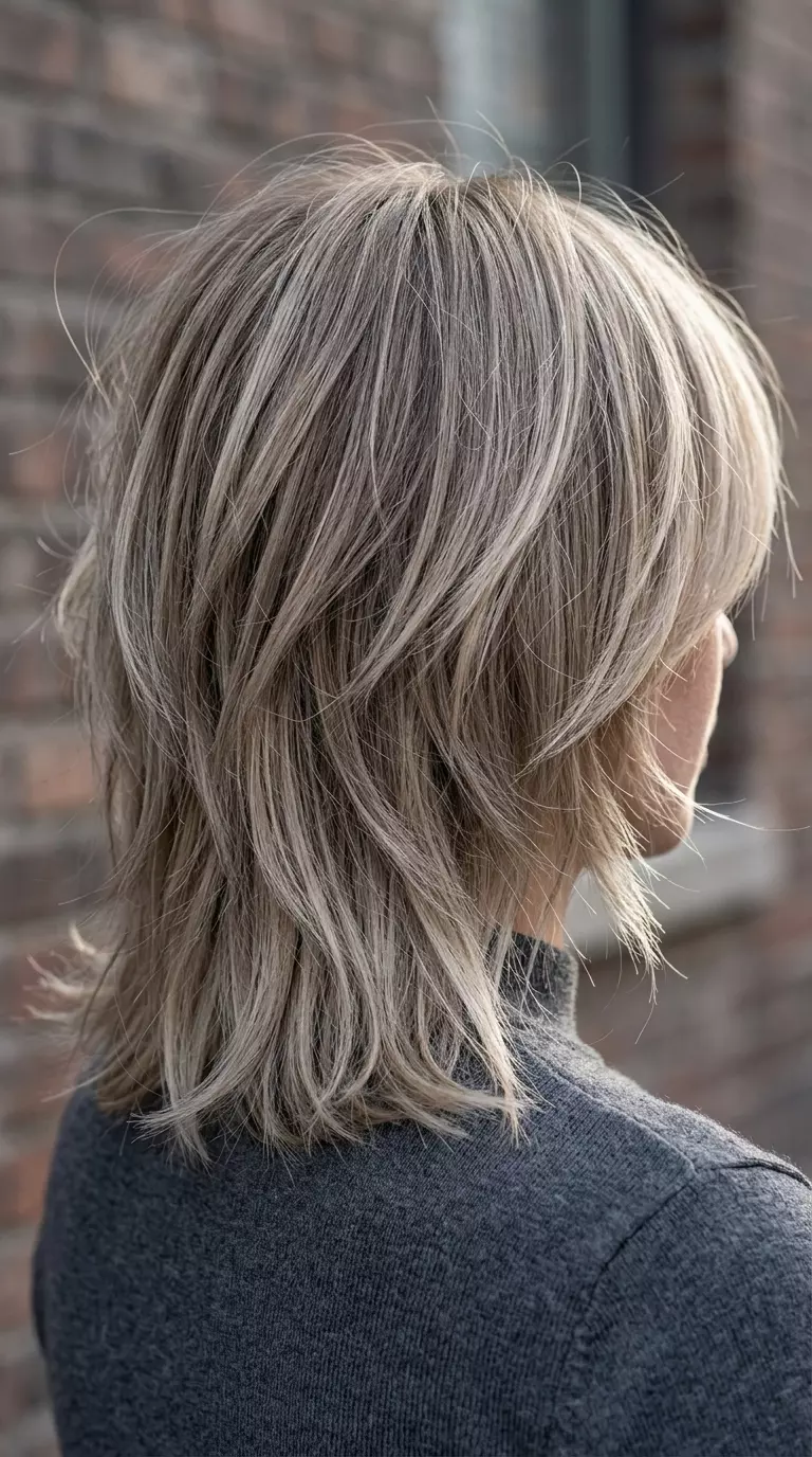 long shag haircut smoky ash blonde with cool lowlights and root smudge, foilayage technique &mdash; edgy effortless daily wear