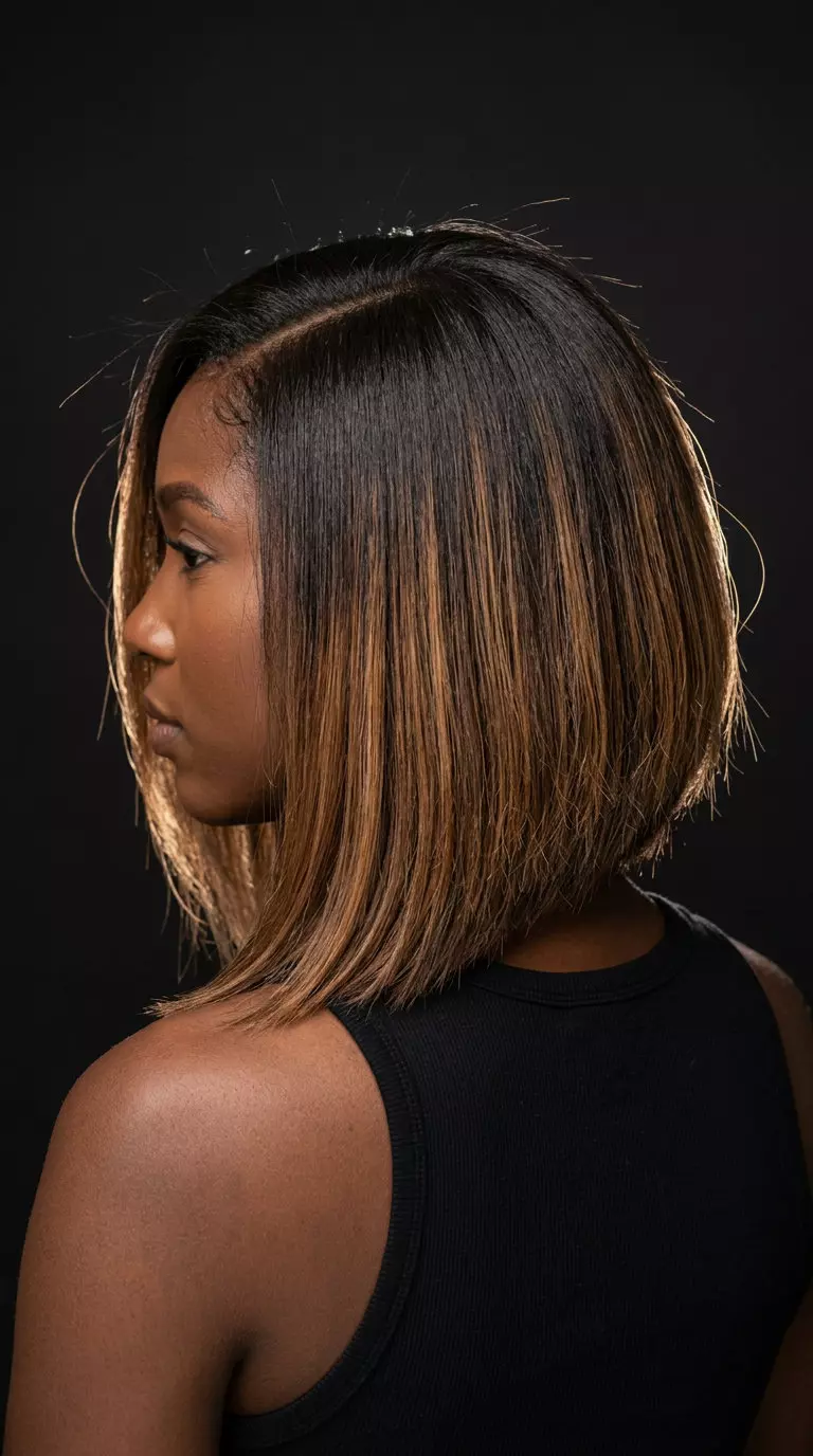 asymmetrical lob haircut in smoky brown bronde with caramel highlights for date nights