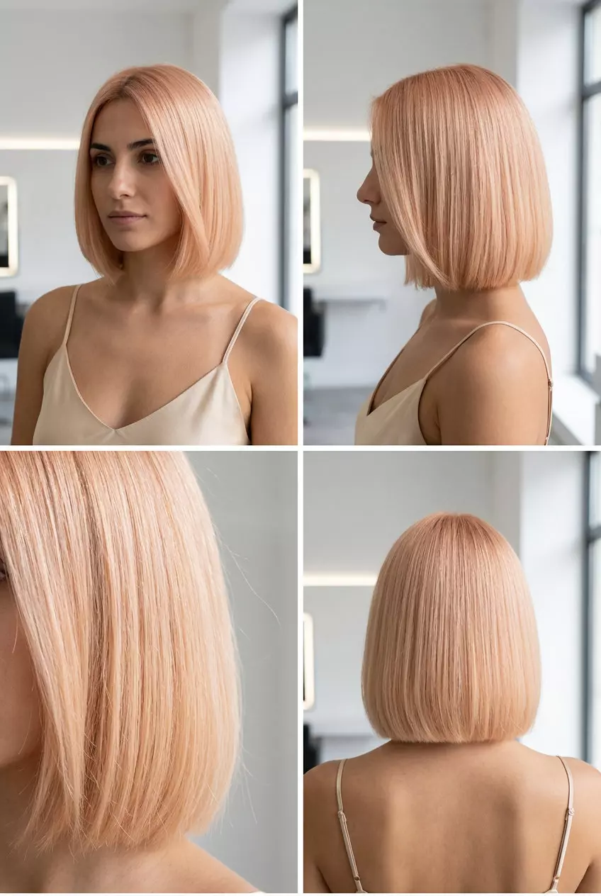 chin-length blunt bob soft peach fuzz with consistent color, global application &mdash; romantic sweet modern minimal look