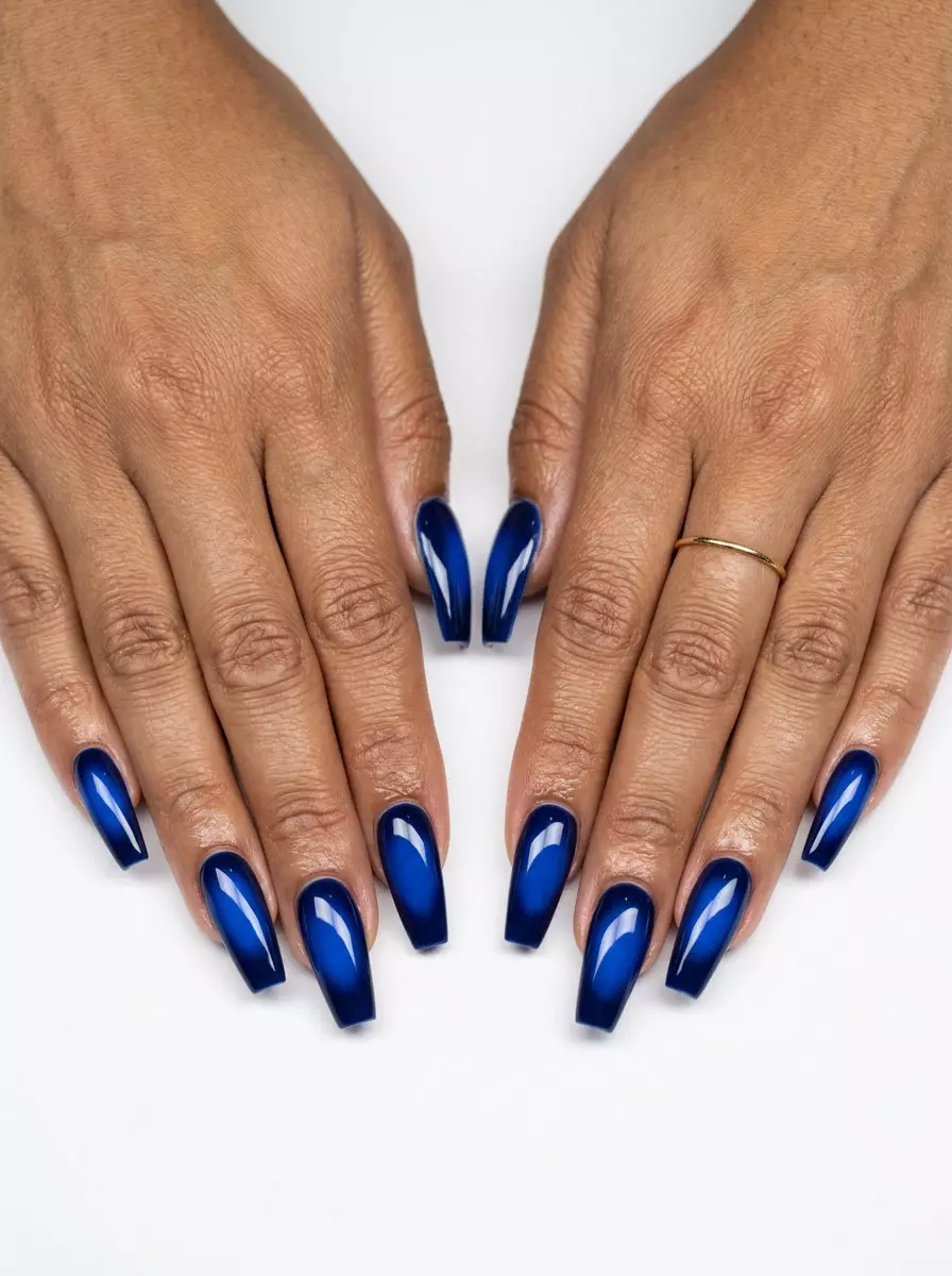Cobalt Blue Aura Coffin Nails 2026: Futuristic Style Cobalt blue aura coffin nails for solid summer nails 2026, perfect for futuristic and bold looks.