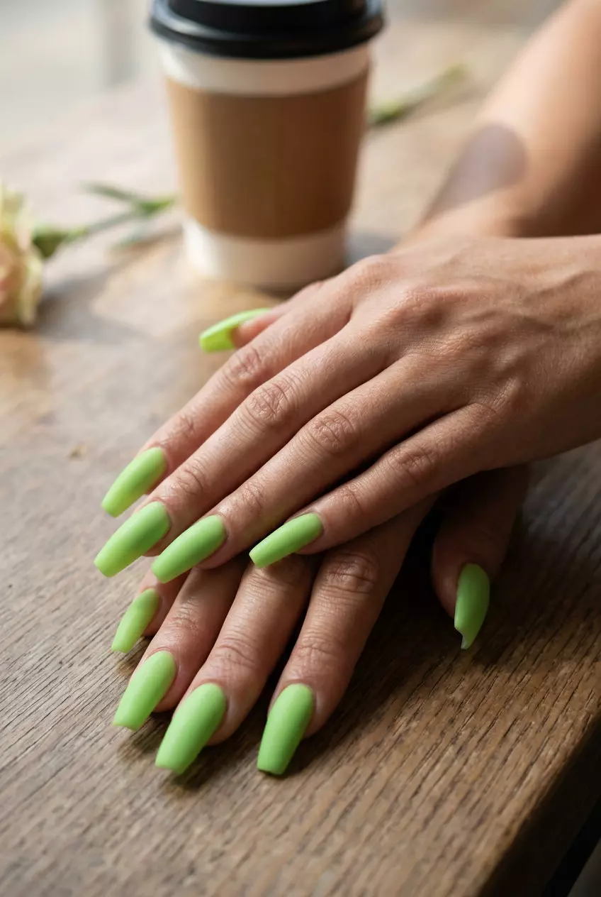 Solid Summer Nails 2026: Lime Green Matte Coffin Solid summer nails 2026: Lime green matte coffin for festivals and edgy nights. Bold & playful.