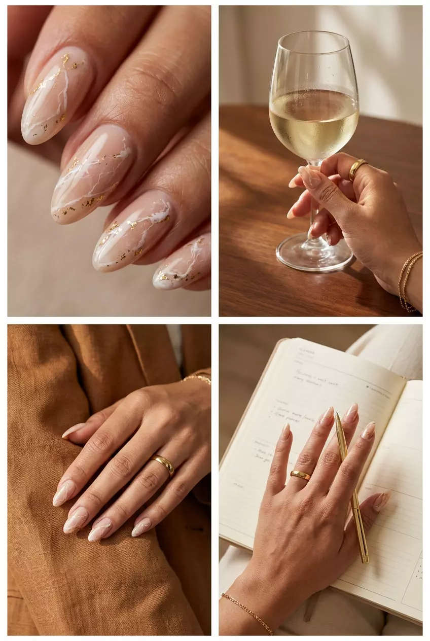Solid Summer Nails 2026: Marble Nude Gold Flake Solid summer nails 2026: Marble nude with gold flakes for formal events and upscale wear. Elegant & luxurious.