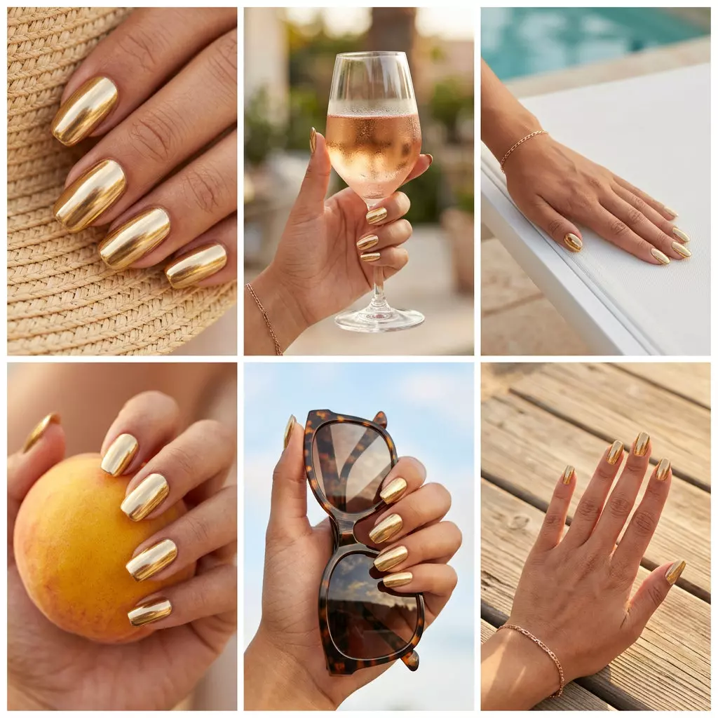 Metallic Gold Lipstick Nails 2026: Futuristic Glam Metallic gold lipstick shine nails for solid summer nails 2026, bold and futuristic for festivals and nights out.