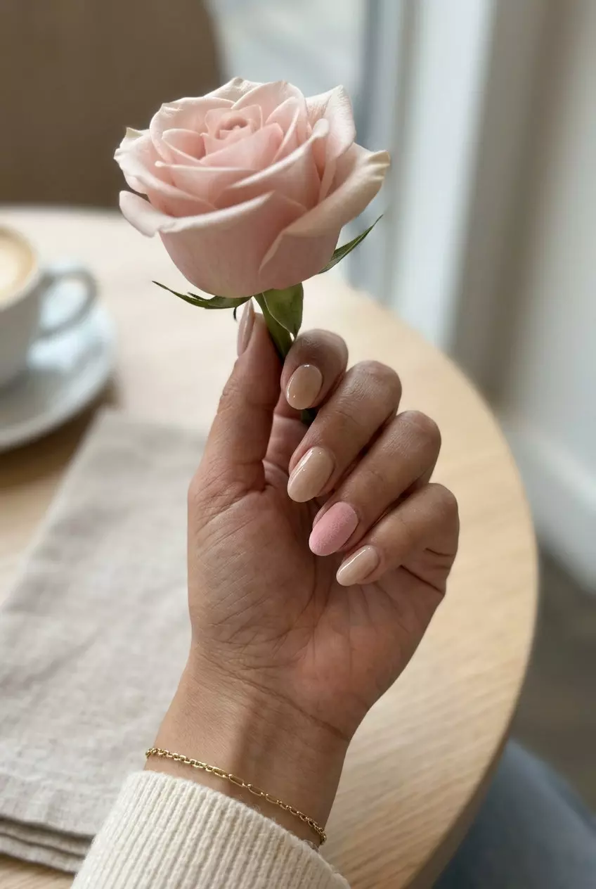 Soft Pink Velvet Accent Nails 2026: Romantic Glam Soft pink velvet accent nails for solid summer nails 2026, ideal for date nights and elegant events.