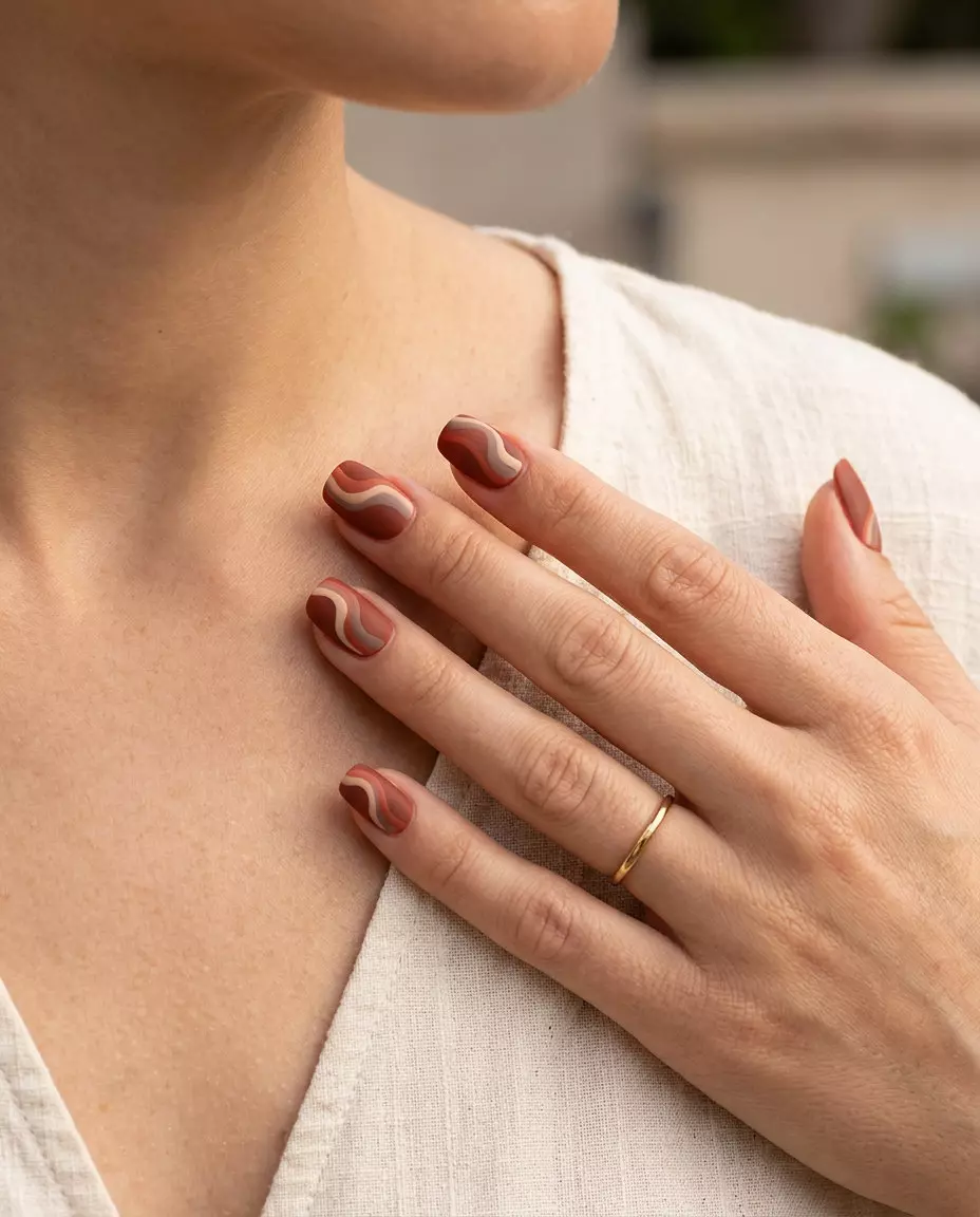 Terracotta Swirl Squoval Nails 2026: Bohemian Summer Terracotta swirl squoval nails for solid summer nails 2026, ideal for bohemian and earthy styles.