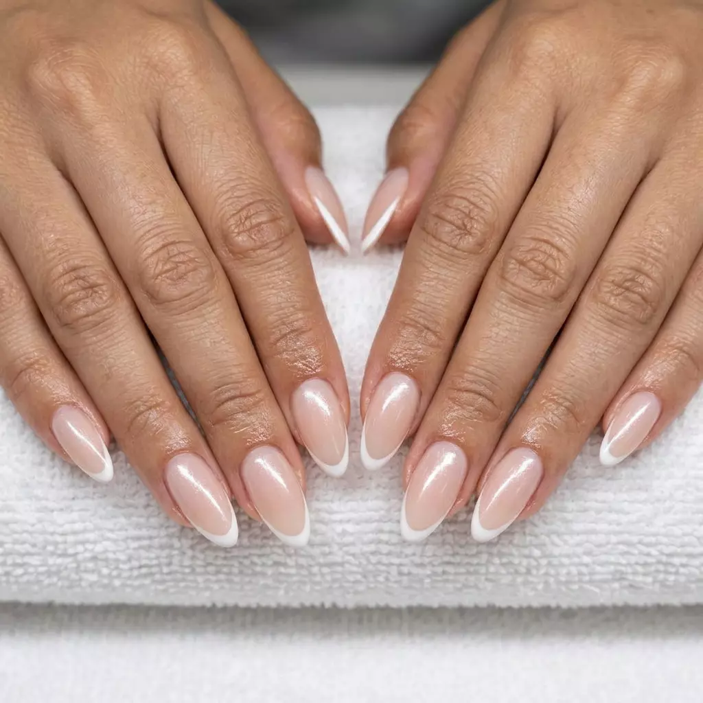 Solid Summer Nails 2026: White French Almond Glaze Solid summer nails 2026: White micro French almond glaze for office chic and brunch. Minimalist & polished.