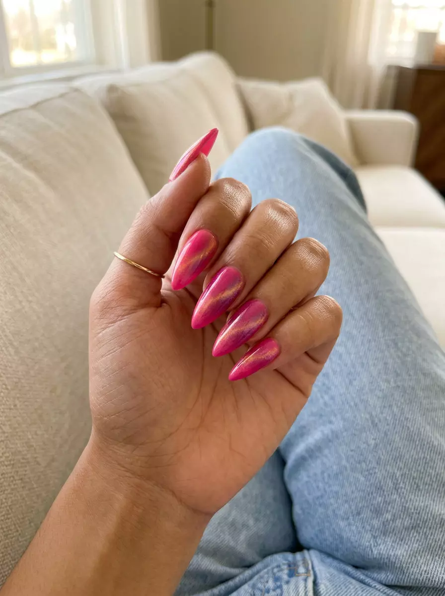 Hot pink cat-eye stiletto summer nails 2026 with magnetic shift for a glamorous party look.
