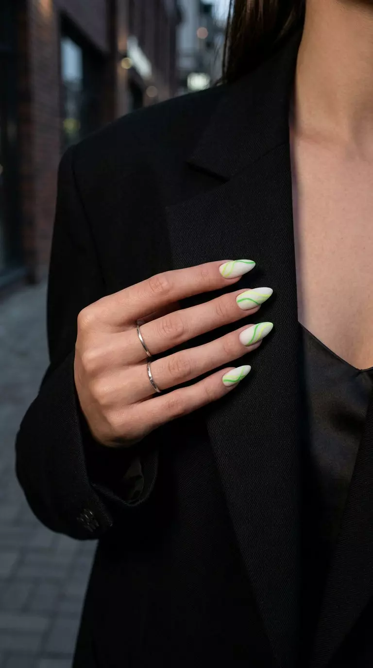 Lime green stiletto summer nails 2026 with abstract line art for an edgy, modern vibe.