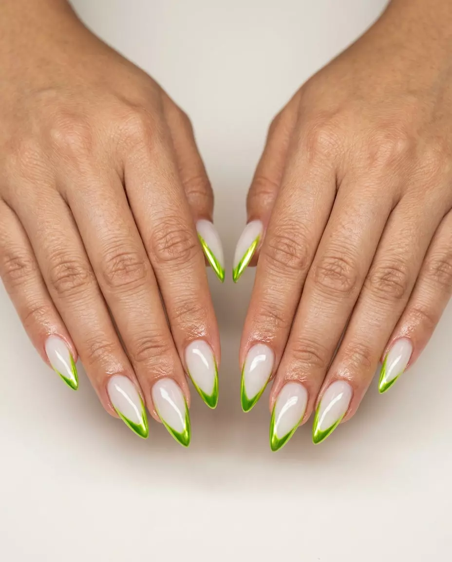Lime Green Chrome Accent Stiletto nails for stiletto summer nails 2026. Edgy, playful modern look for festivals.