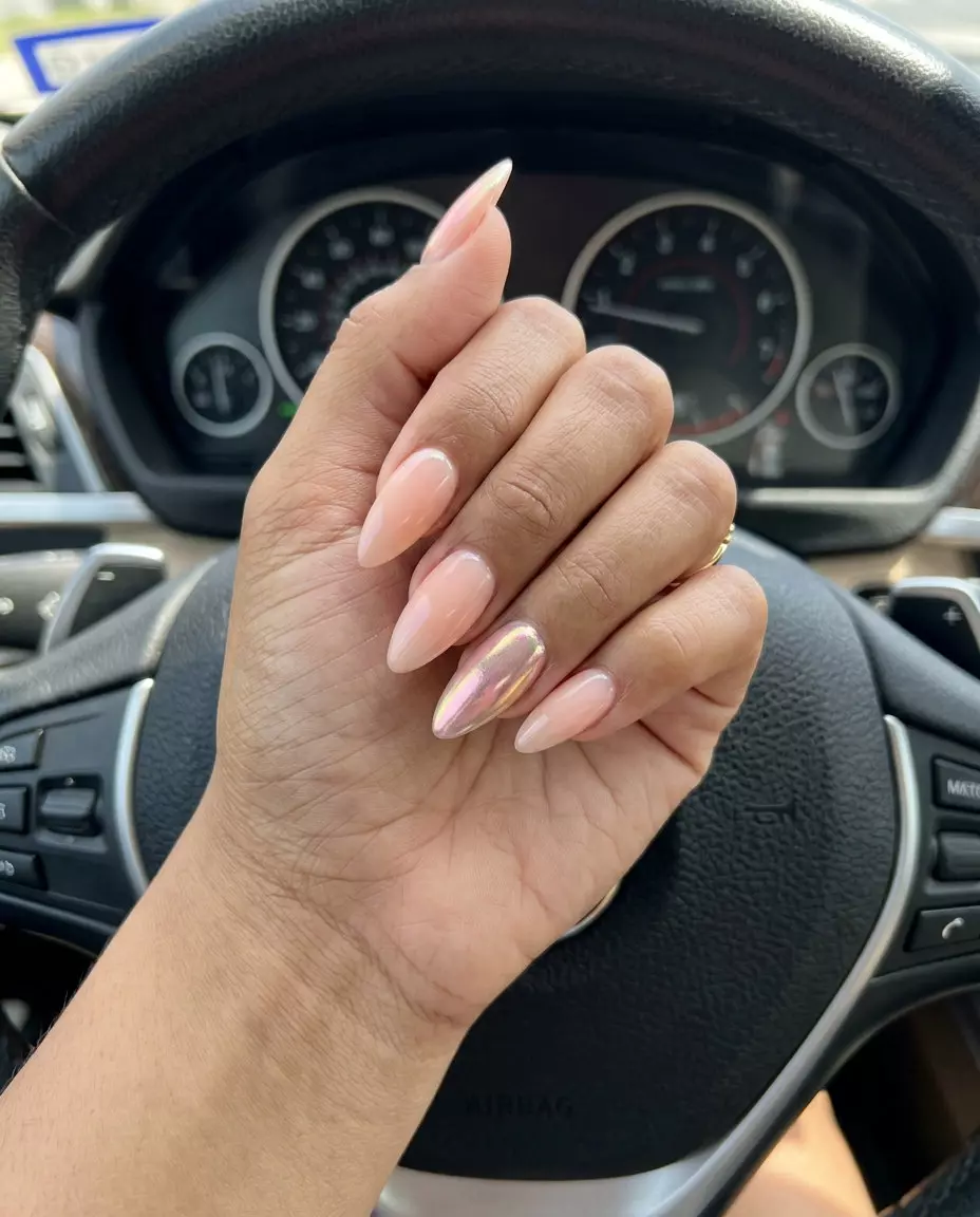 Milky Pastel Chrome Accent Stiletto nails for stiletto summer nails 2026. Romantic, minimalist chic for elegant events.