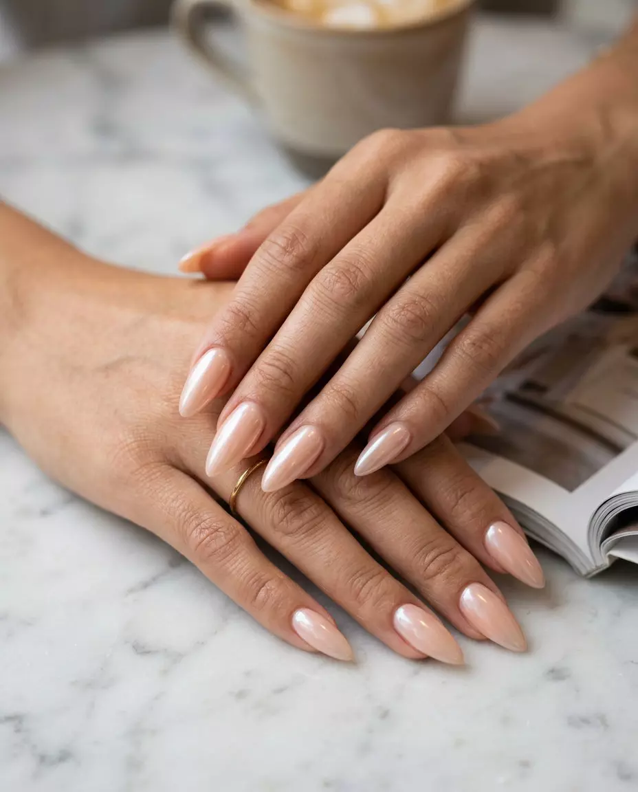 Milky pastel stiletto summer nails 2026 with iridescent pearl glaze for elegant occasions.
