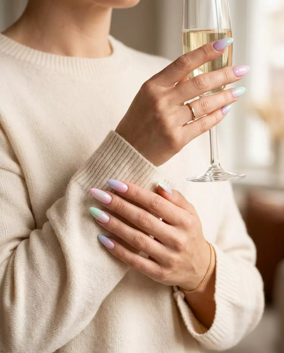 Ethereal milky pastel gradient stiletto nails for weddings and elegant events in 2026.