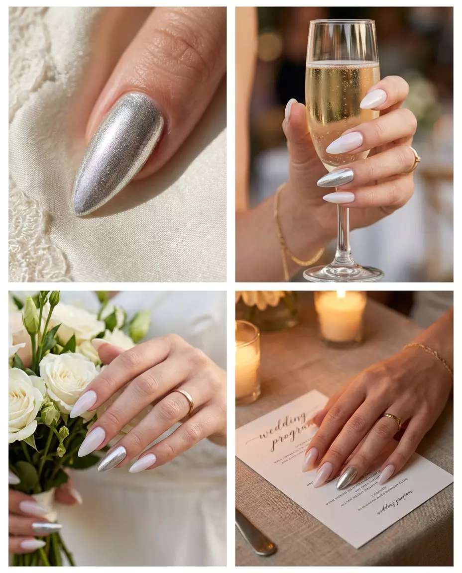 Elegant milky pastel stiletto nails with a shimmering silver accent for special events 2026.