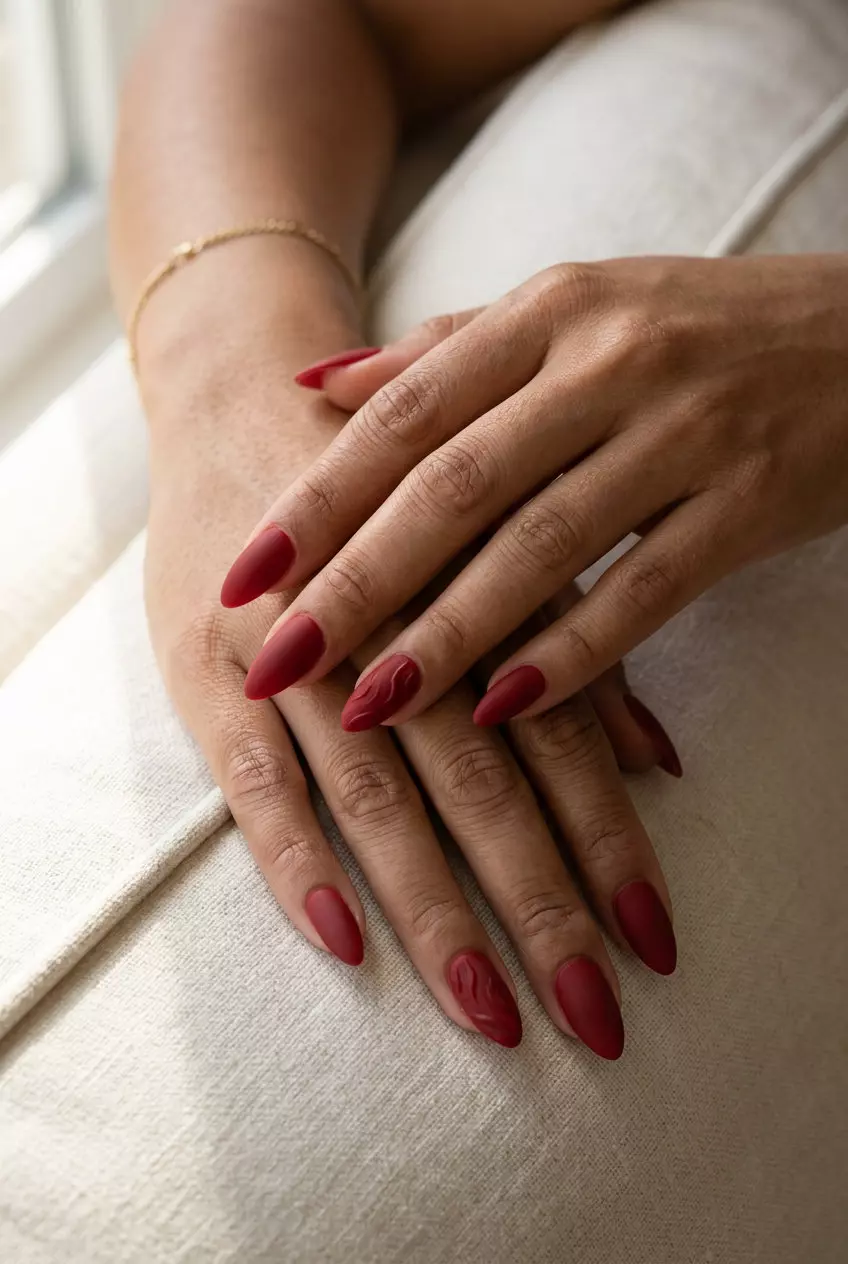 Sophisticated classic red stiletto nails with a matte texture for work or evening out 2026.