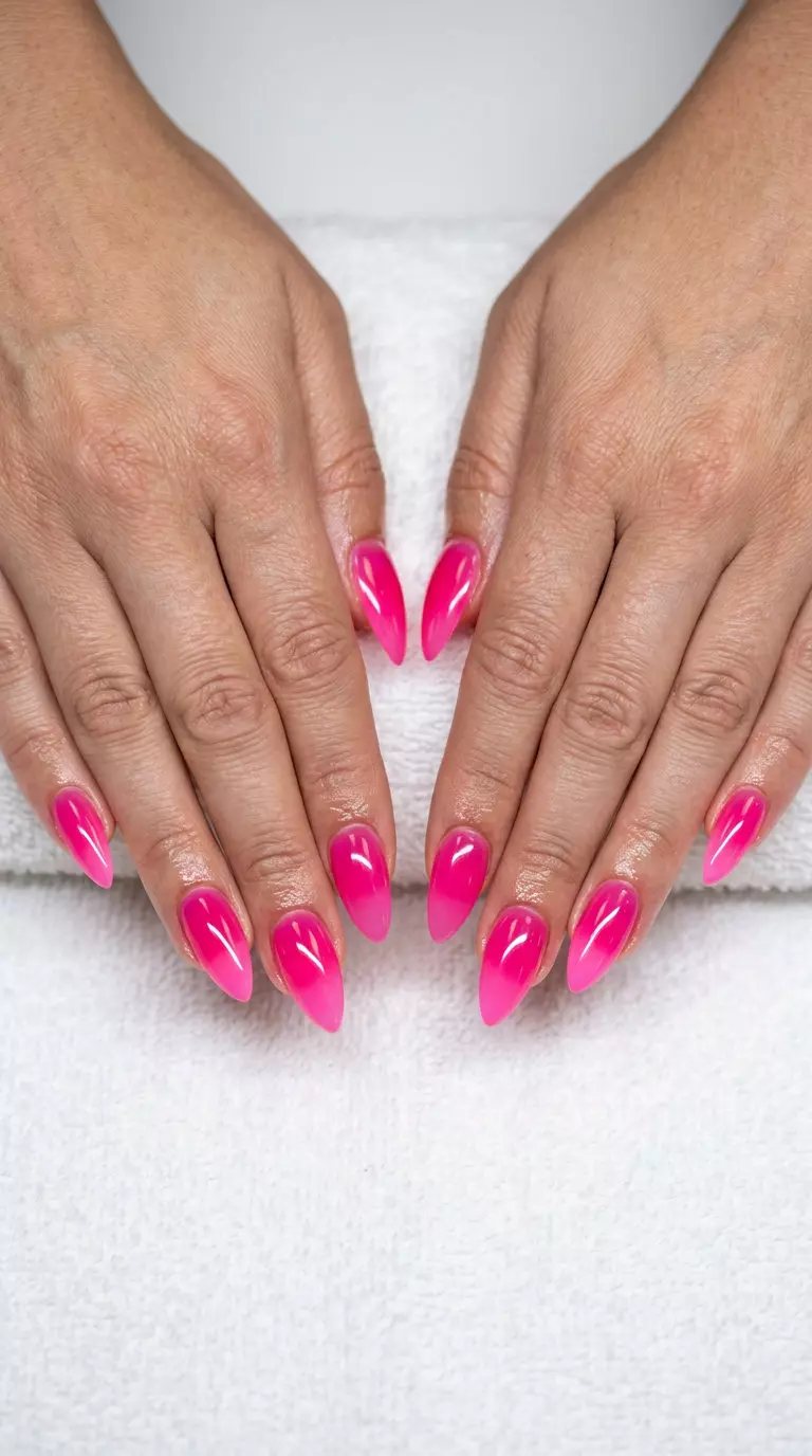 Romantic sunset jelly ombre stiletto nails in hot pink to bright pink for date night 2026.