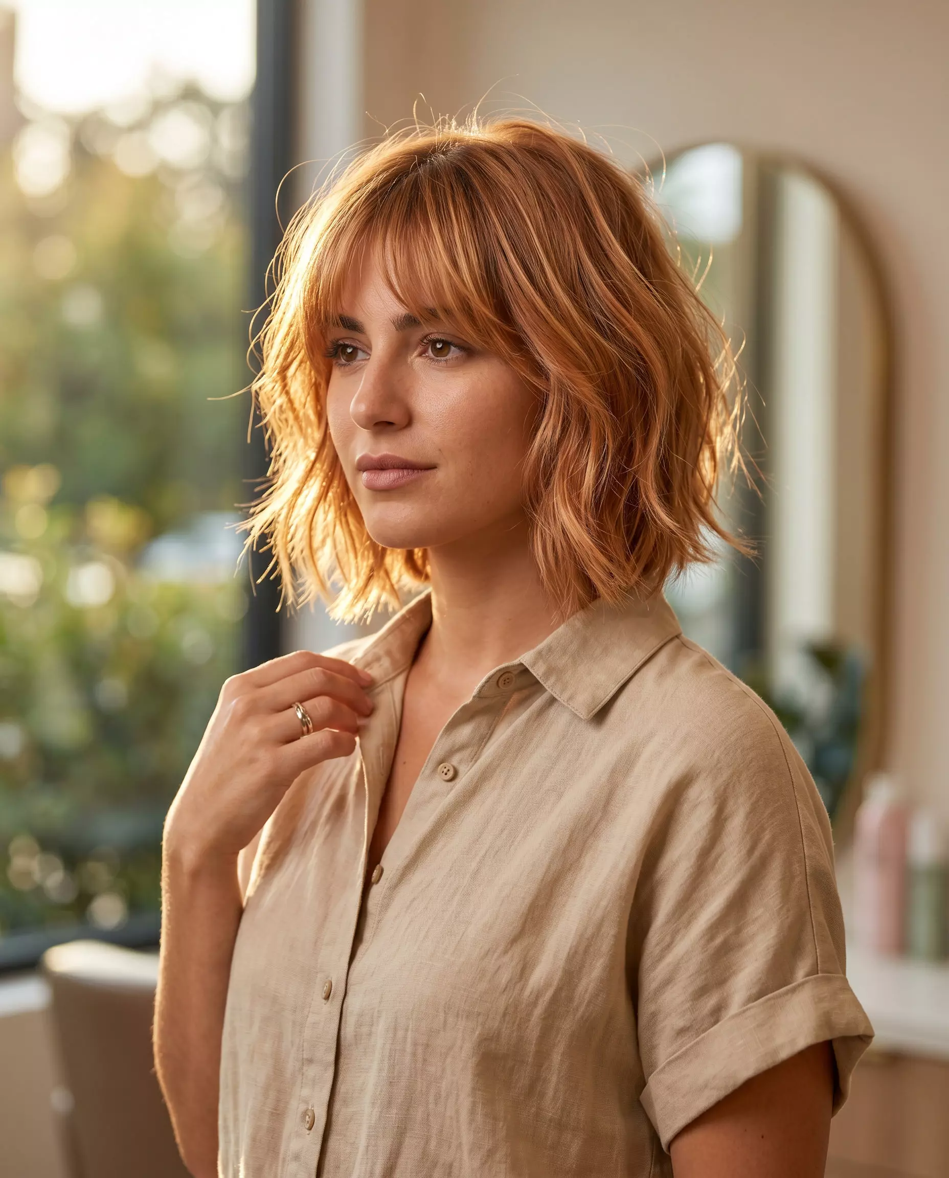 chin-length textured bob haircut in strawberry blonde with copper-gold babylights and fringe