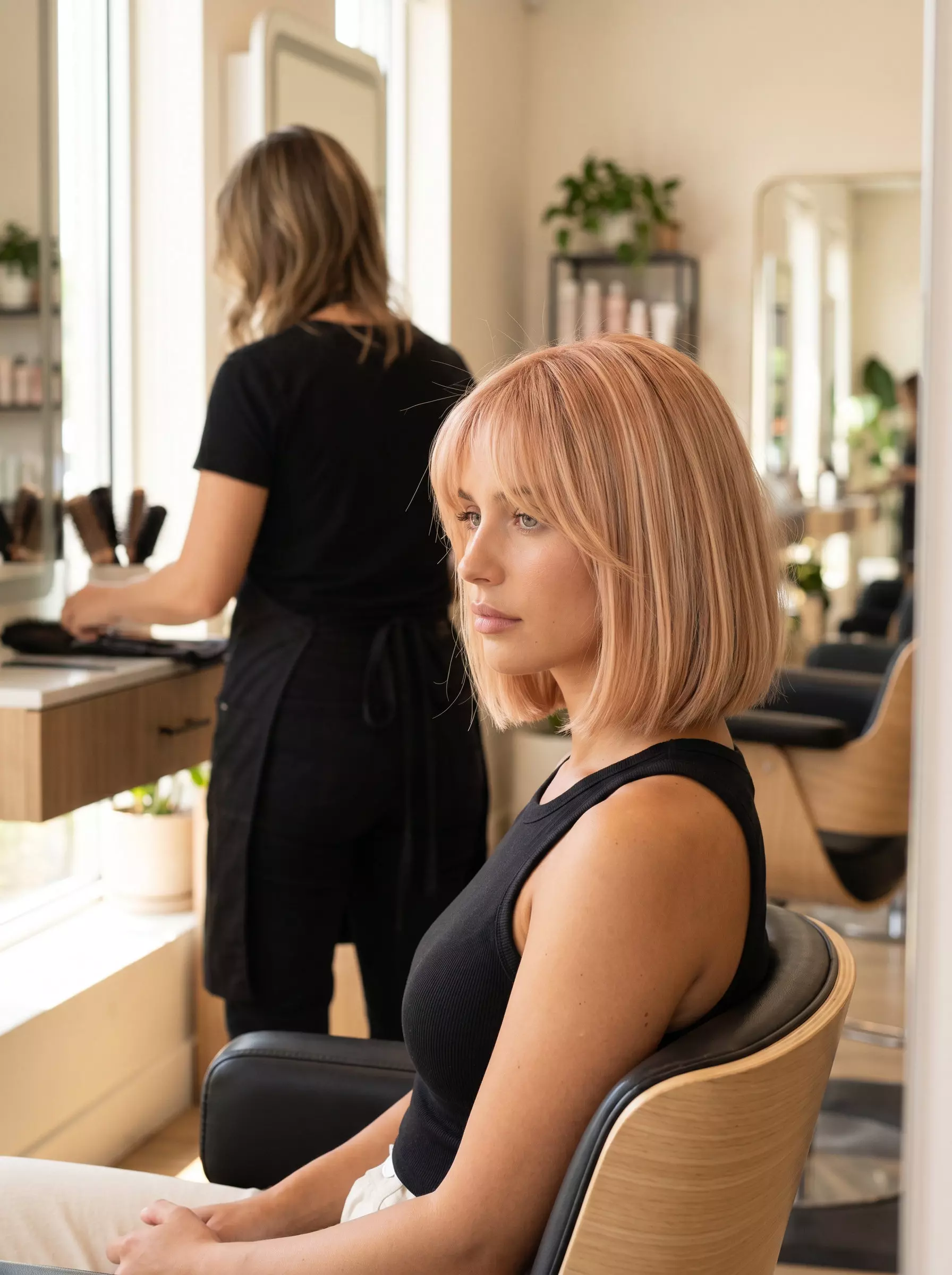 Strawberry Blonde Bob 2026 short strawberry blonde French bob with wispy bangs and peachy highlights for a romantic vibe