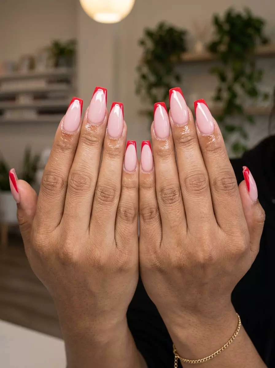 Strawberry Crescent Reverse French nails: Creamy pink base with glossy strawberry red smile line. Perfect for date night.