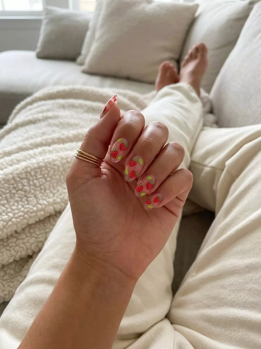 Strawberry Glass Candy nails: Transparent with embedded red strawberry and green leaf decals.