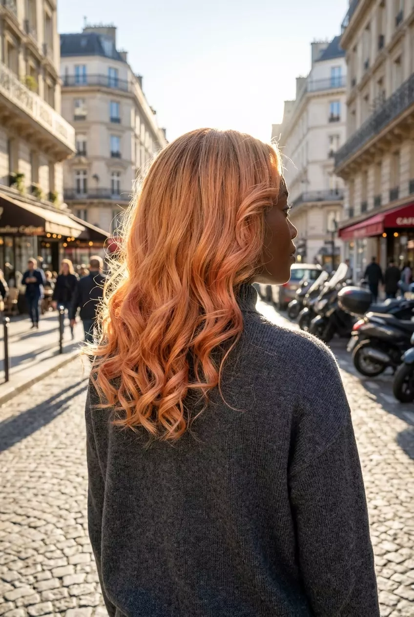 long strawberry blonde ombr&eacute; with warm golden blonde base, soft copper tones, no fringe &mdash; bohemian vacation style